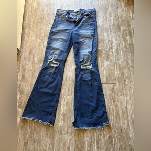 Fashion Nova Dark Blue Distressed Flare Jeans